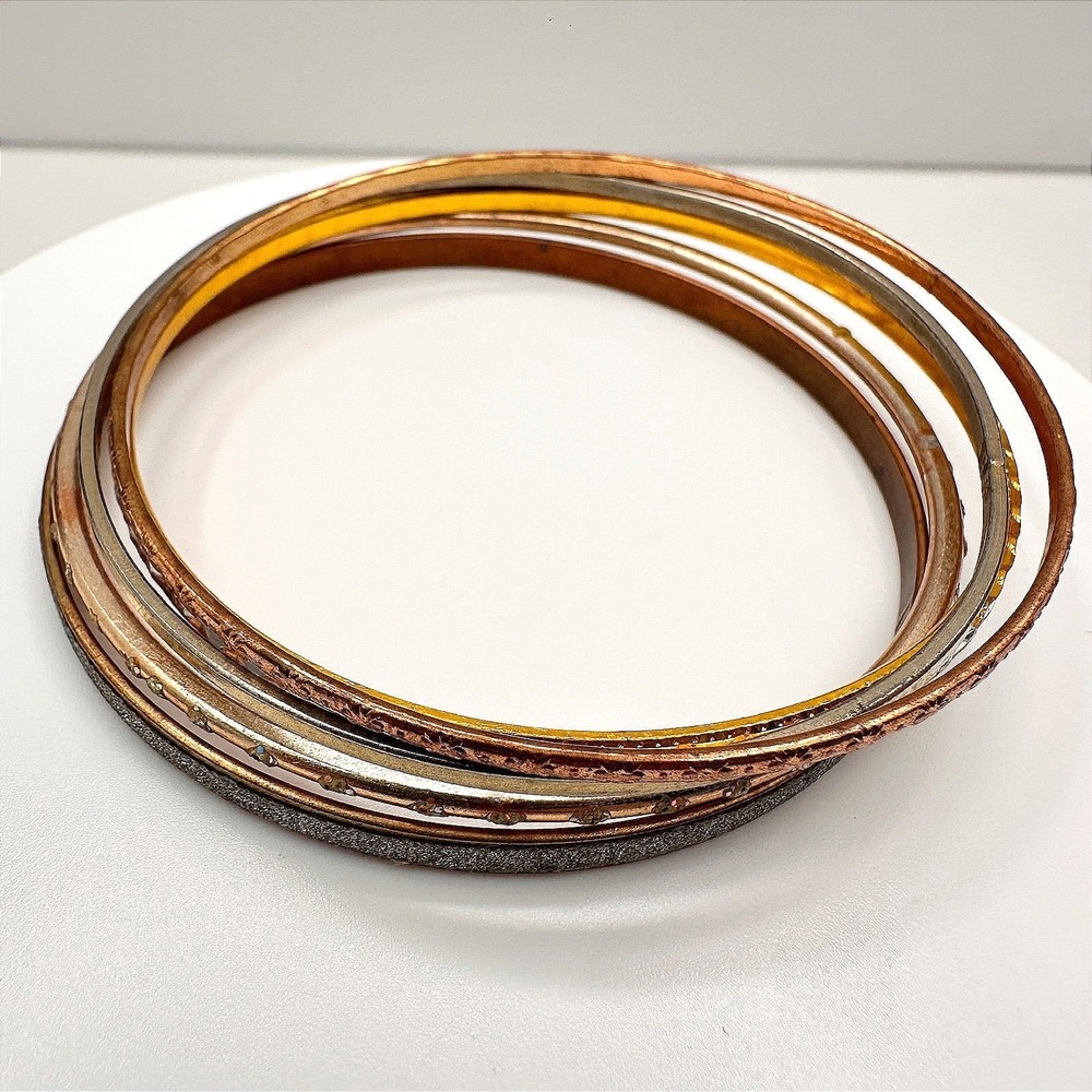 Vintage 80s Mixed Metal Thin Stackable Bangles Set Bracelets‎ Bohemian Jewelry